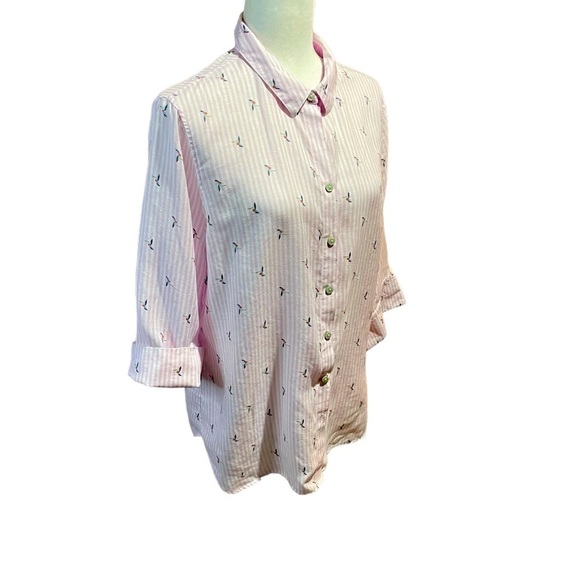 Chico's Linen Pink White Stripe Hummingbird 3/4 Sleeve Button Down Size 2/Large - Picture 5 of 13